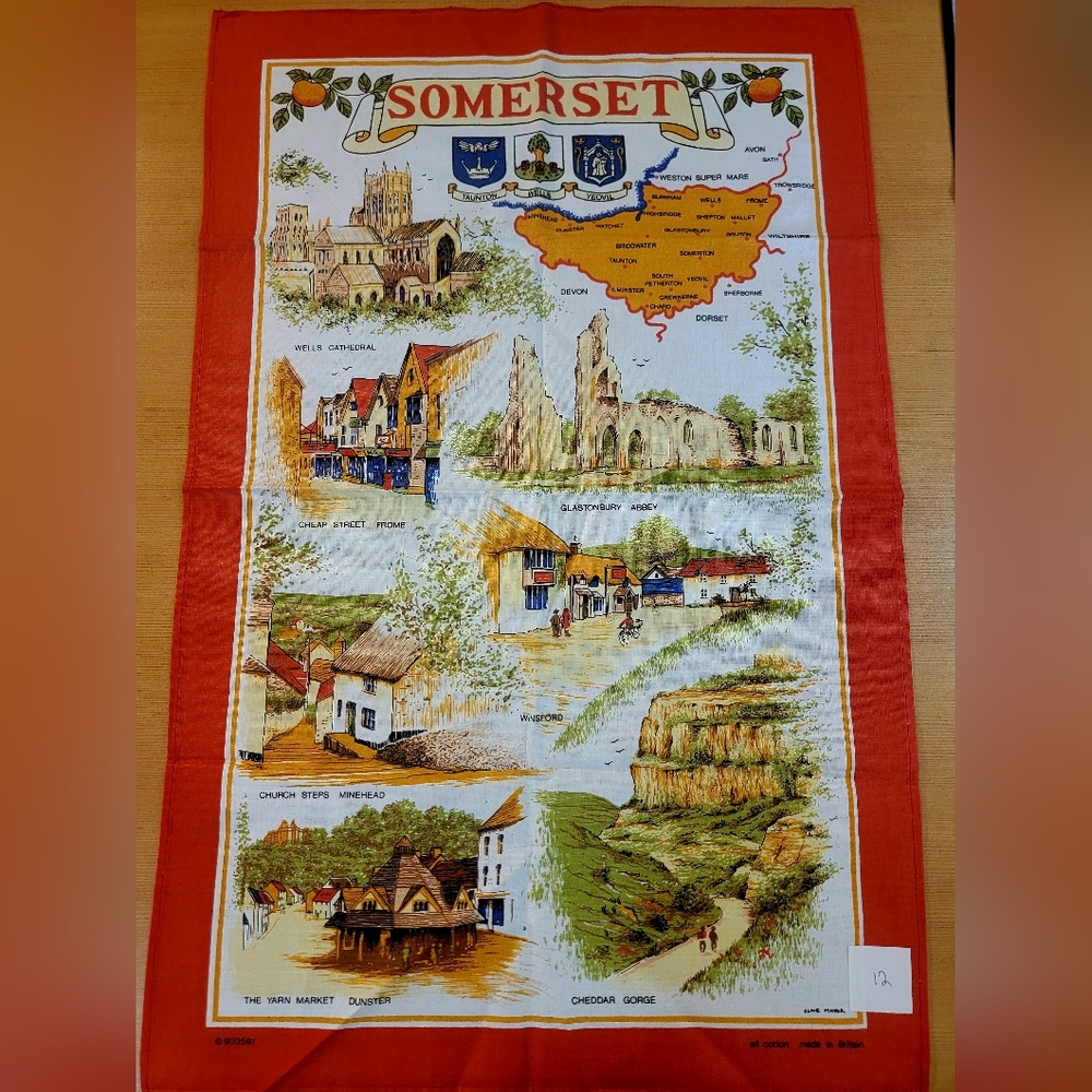Vintage Somerset Tea Towel – Illustrated County Scenes, British Made